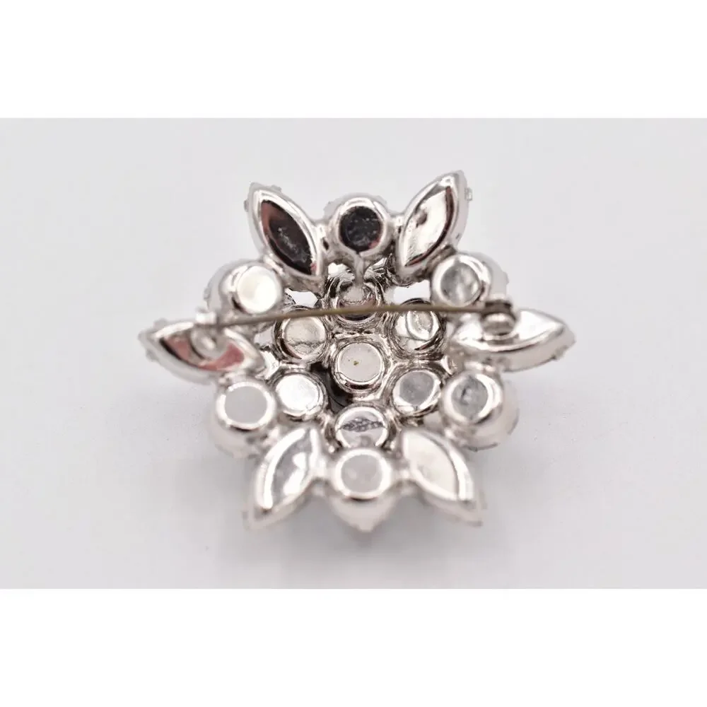 Vintage Smoky Gray Rhinestone Brooch Silver Crystal Cluster Flower Pin 60s BinBI